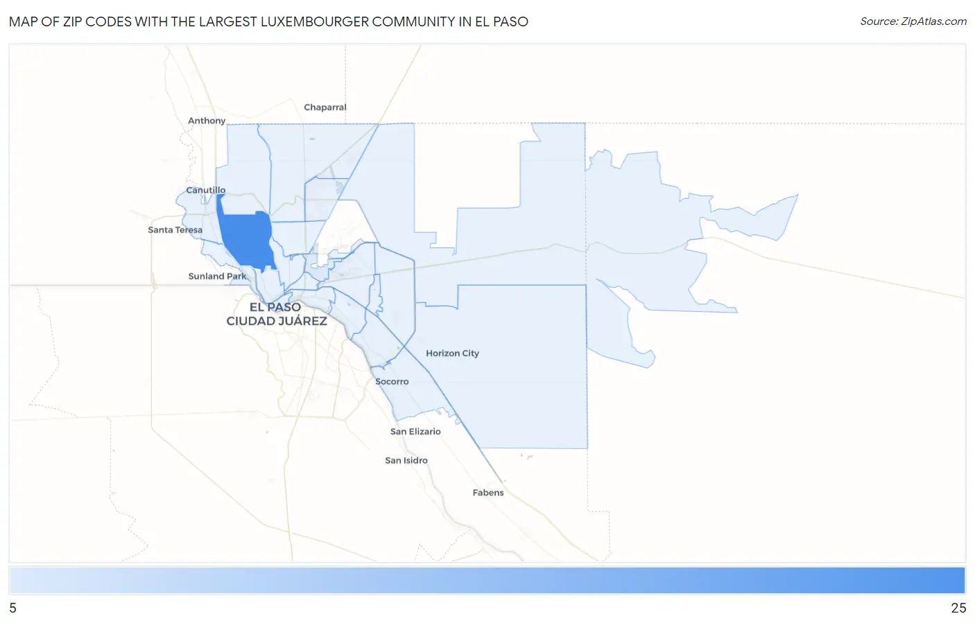 Zip Codes with the Largest Luxembourger Community in El Paso Map