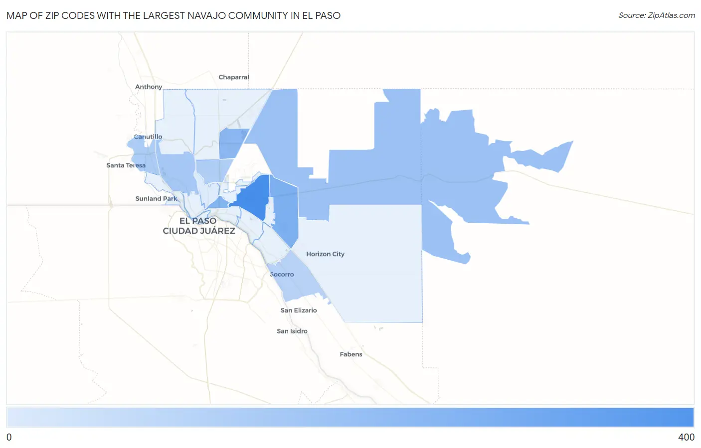 Zip Codes with the Largest Navajo Community in El Paso Map
