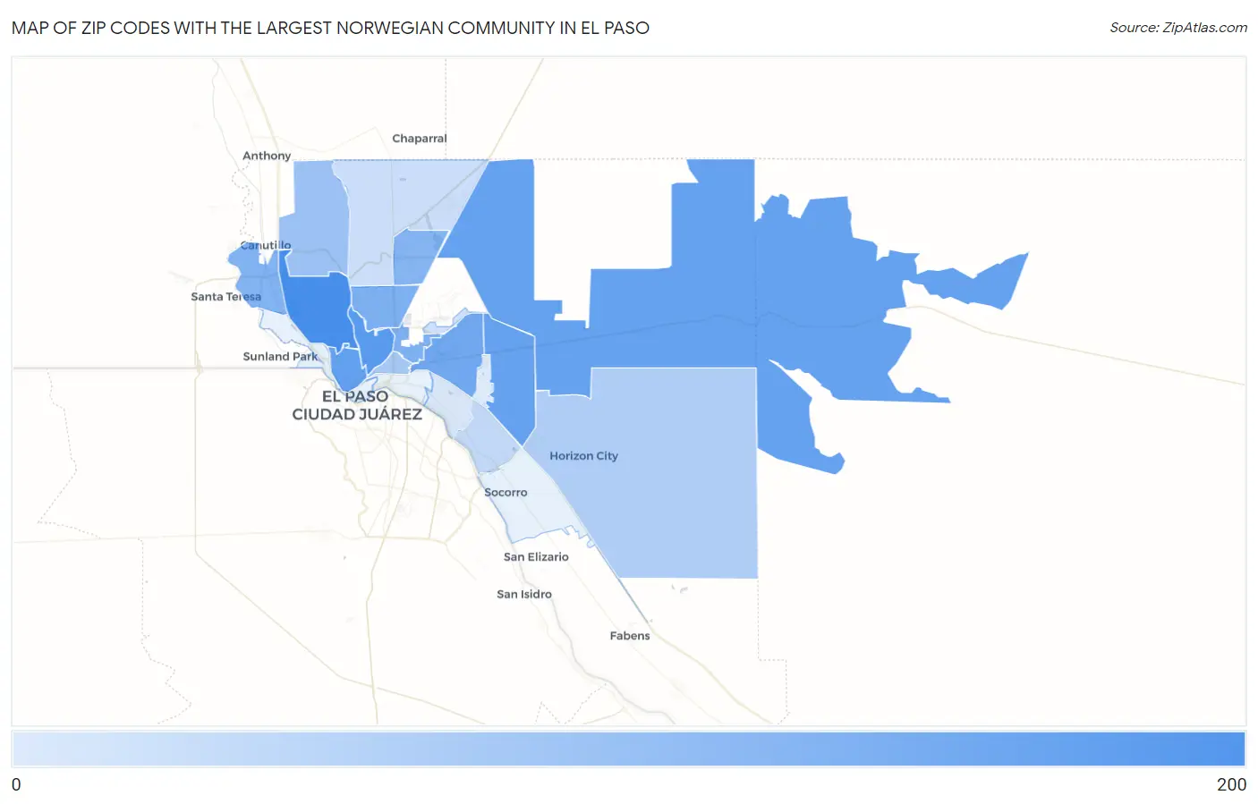 Zip Codes with the Largest Norwegian Community in El Paso Map
