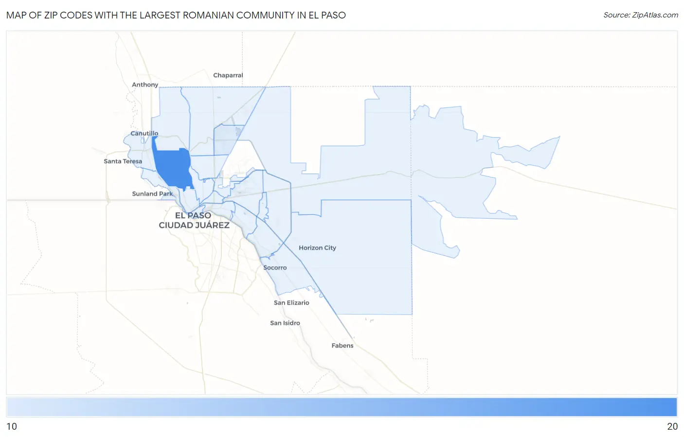 Zip Codes with the Largest Romanian Community in El Paso Map