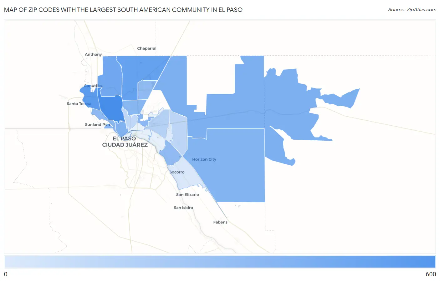 Zip Codes with the Largest South American Community in El Paso Map