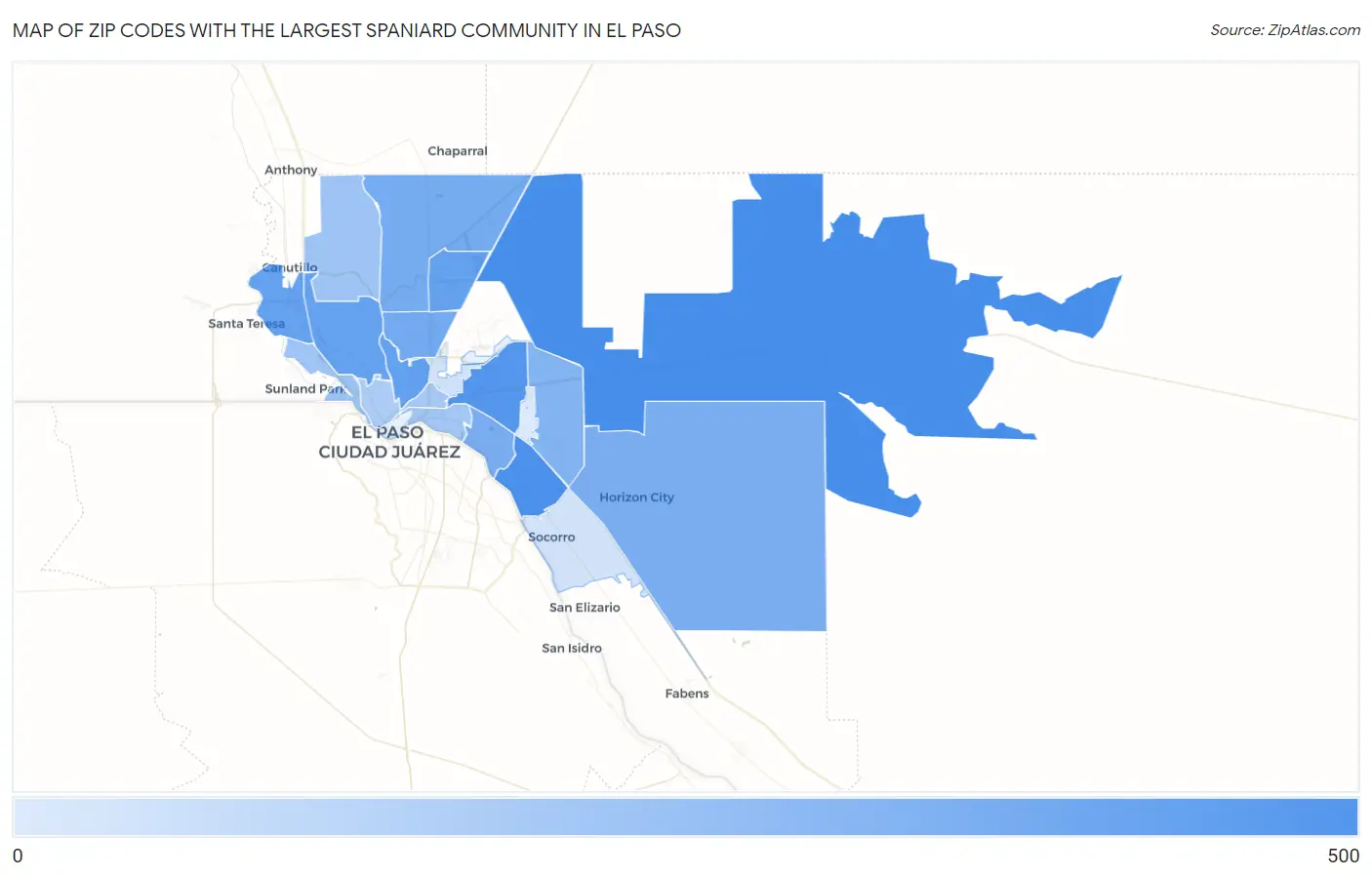 Zip Codes with the Largest Spaniard Community in El Paso Map