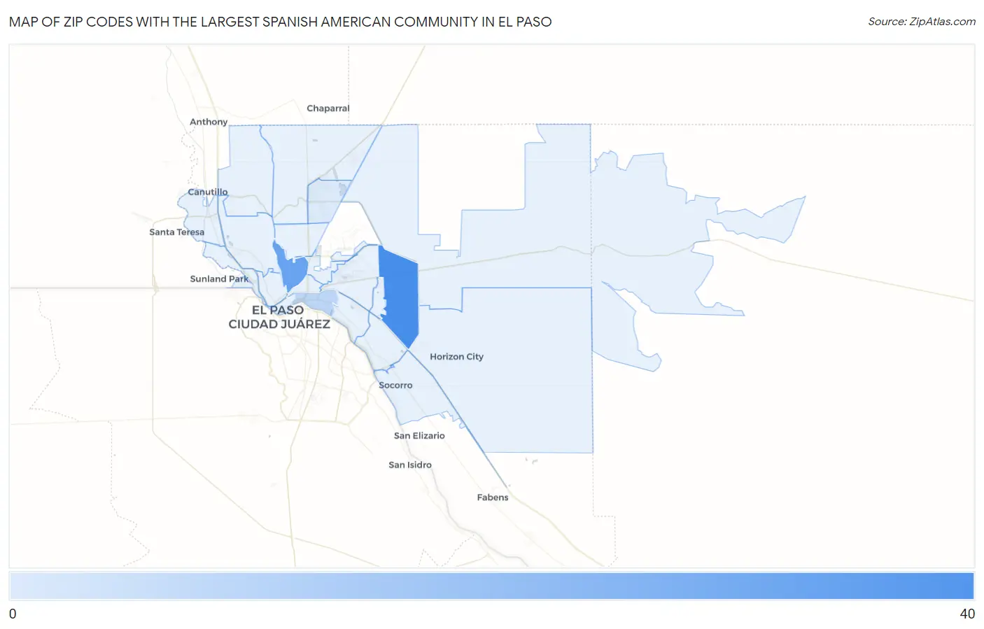 Zip Codes with the Largest Spanish American Community in El Paso Map