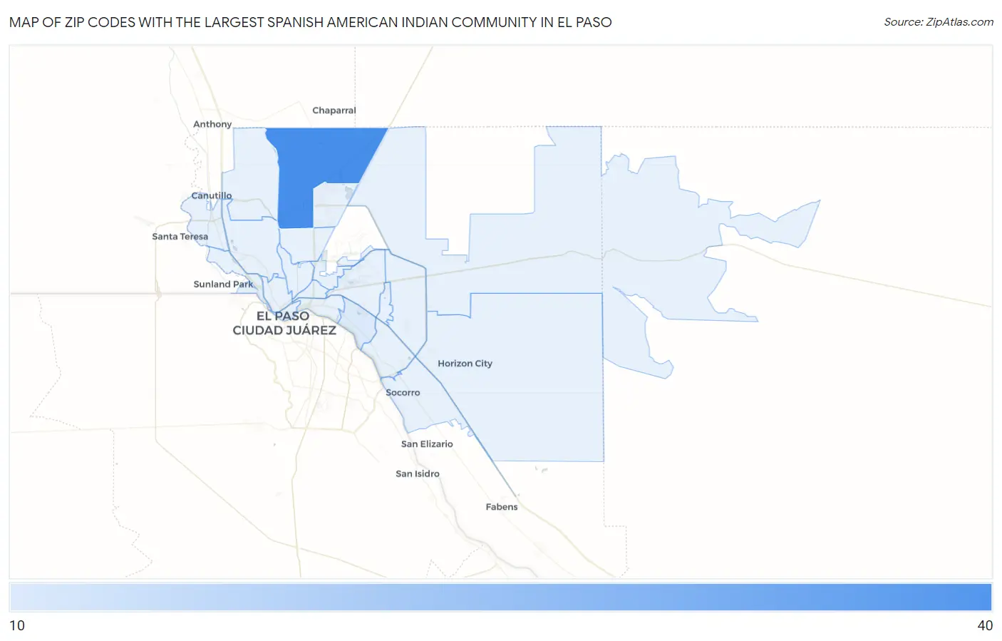 Zip Codes with the Largest Spanish American Indian Community in El Paso Map