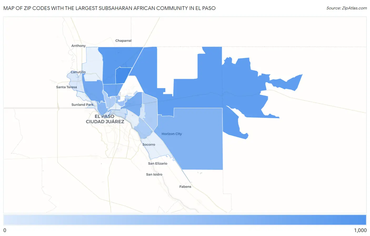 Zip Codes with the Largest Subsaharan African Community in El Paso Map