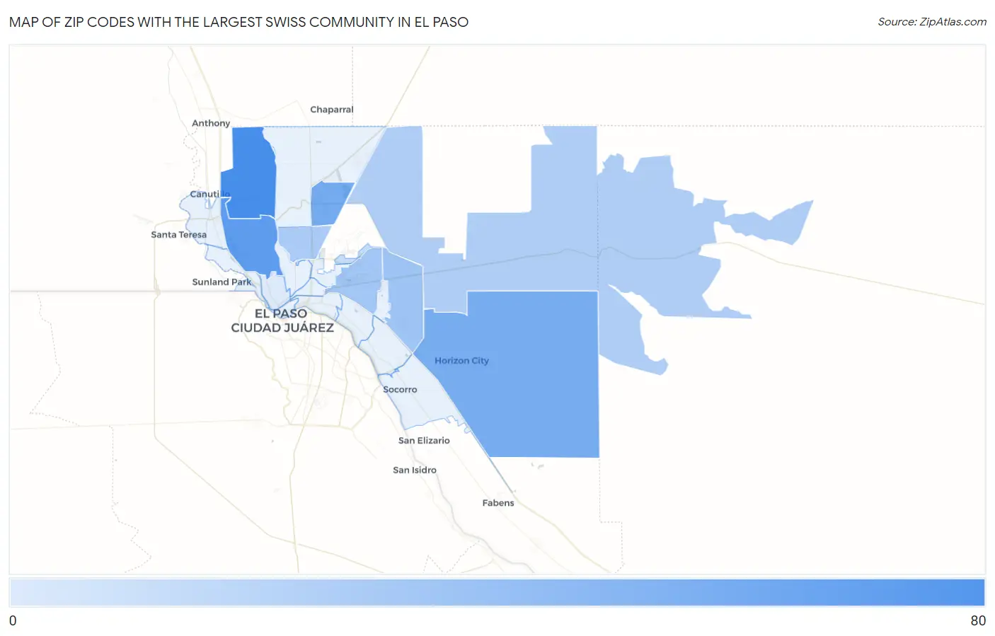 Zip Codes with the Largest Swiss Community in El Paso Map