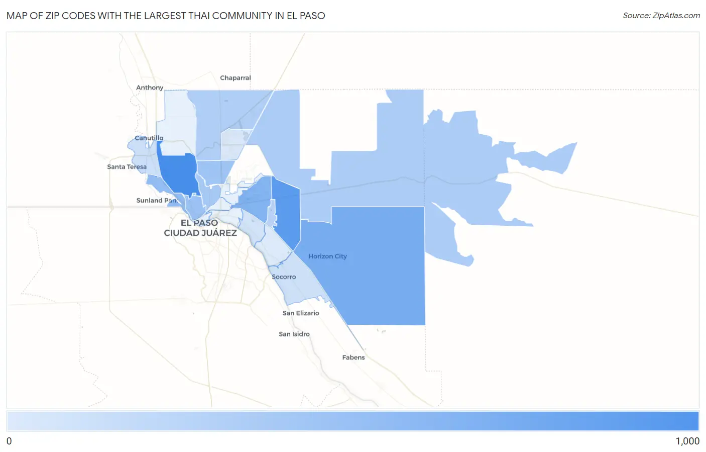 Zip Codes with the Largest Thai Community in El Paso Map