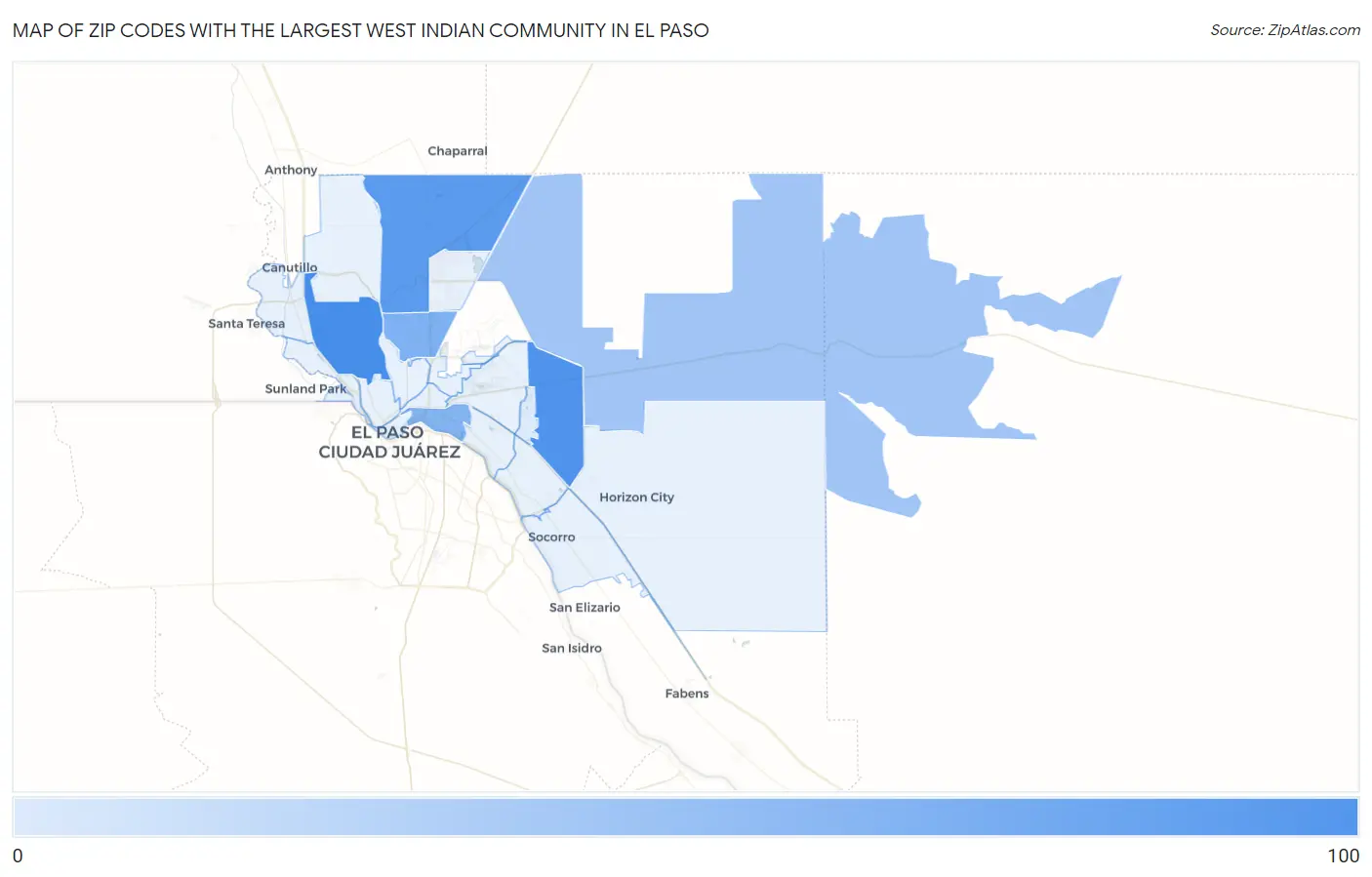 Zip Codes with the Largest West Indian Community in El Paso Map