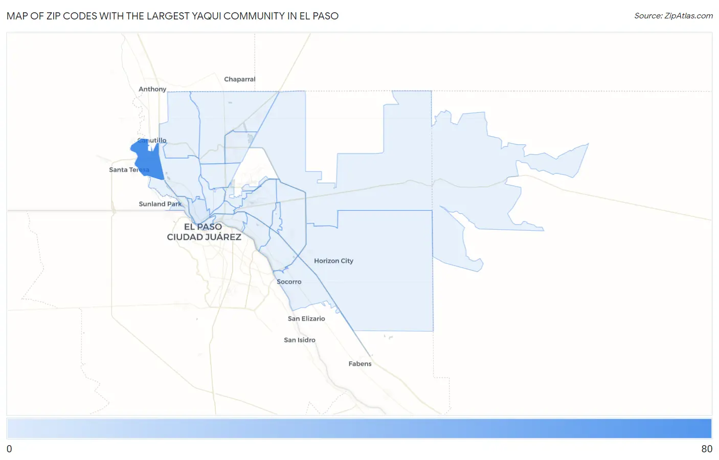 Zip Codes with the Largest Yaqui Community in El Paso Map