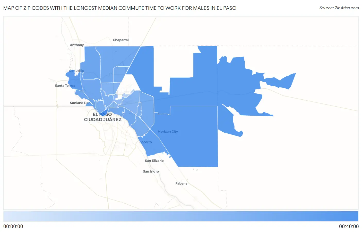 Zip Codes with the Longest Median Commute Time to Work for Males in El Paso Map