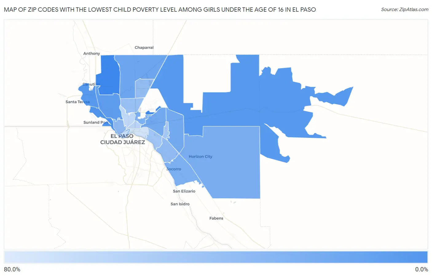 Zip Codes with the Lowest Child Poverty Level Among Girls Under the Age of 16 in El Paso Map