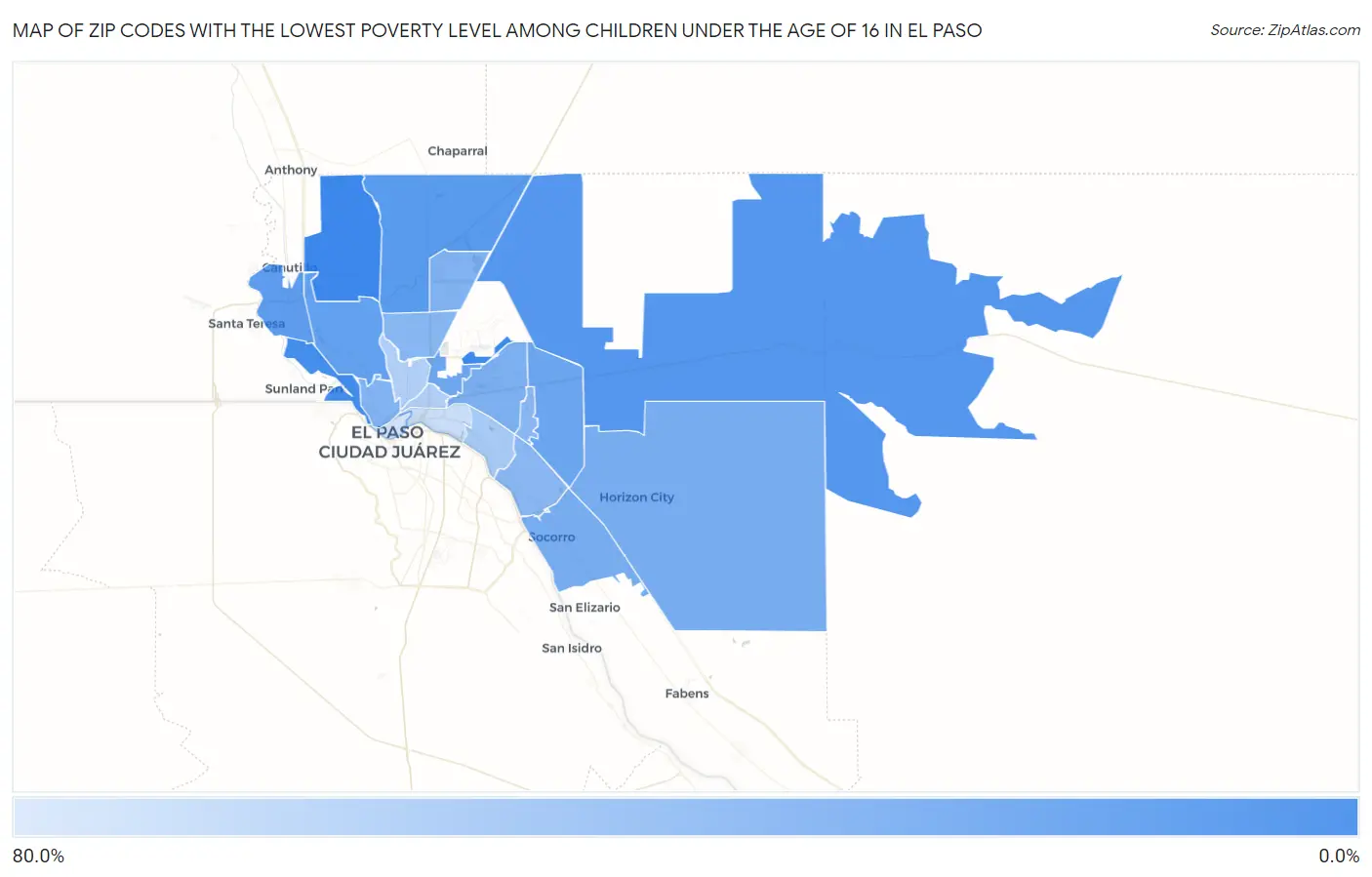 Zip Codes with the Lowest Poverty Level Among Children Under the Age of 16 in El Paso Map