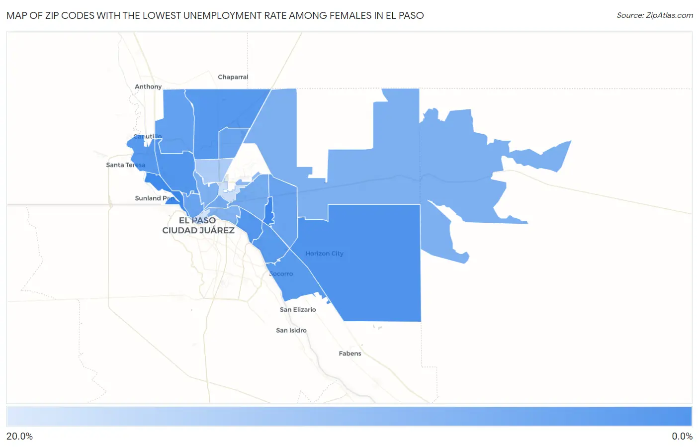 Zip Codes with the Lowest Unemployment Rate Among Females in El Paso Map