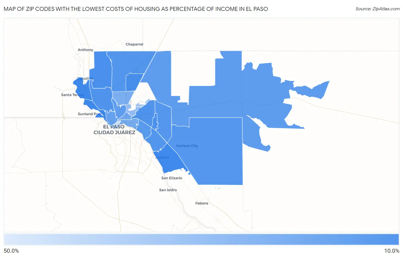 Zip Codes with the Lowest Costs of Housing as Percentage of Income in El Paso Map