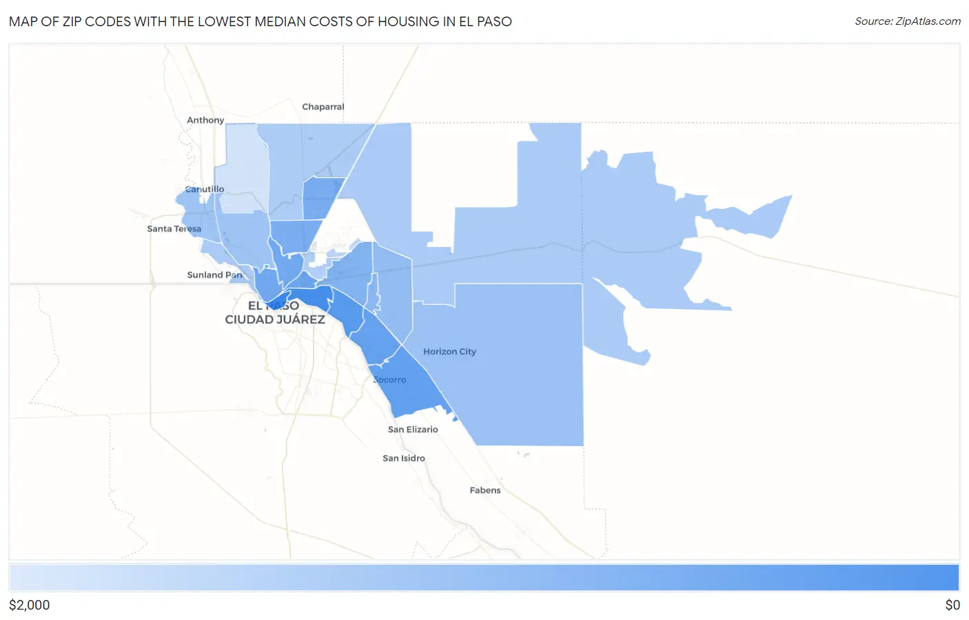 Zip Codes with the Lowest Median Costs of Housing in El Paso Map