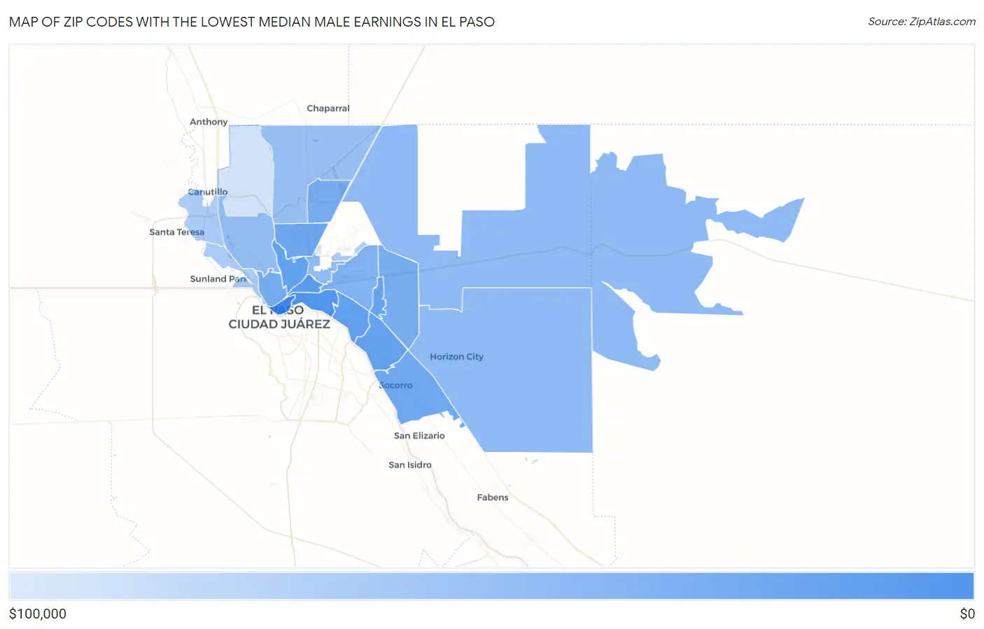 Zip Codes with the Lowest Median Male Earnings in El Paso Map