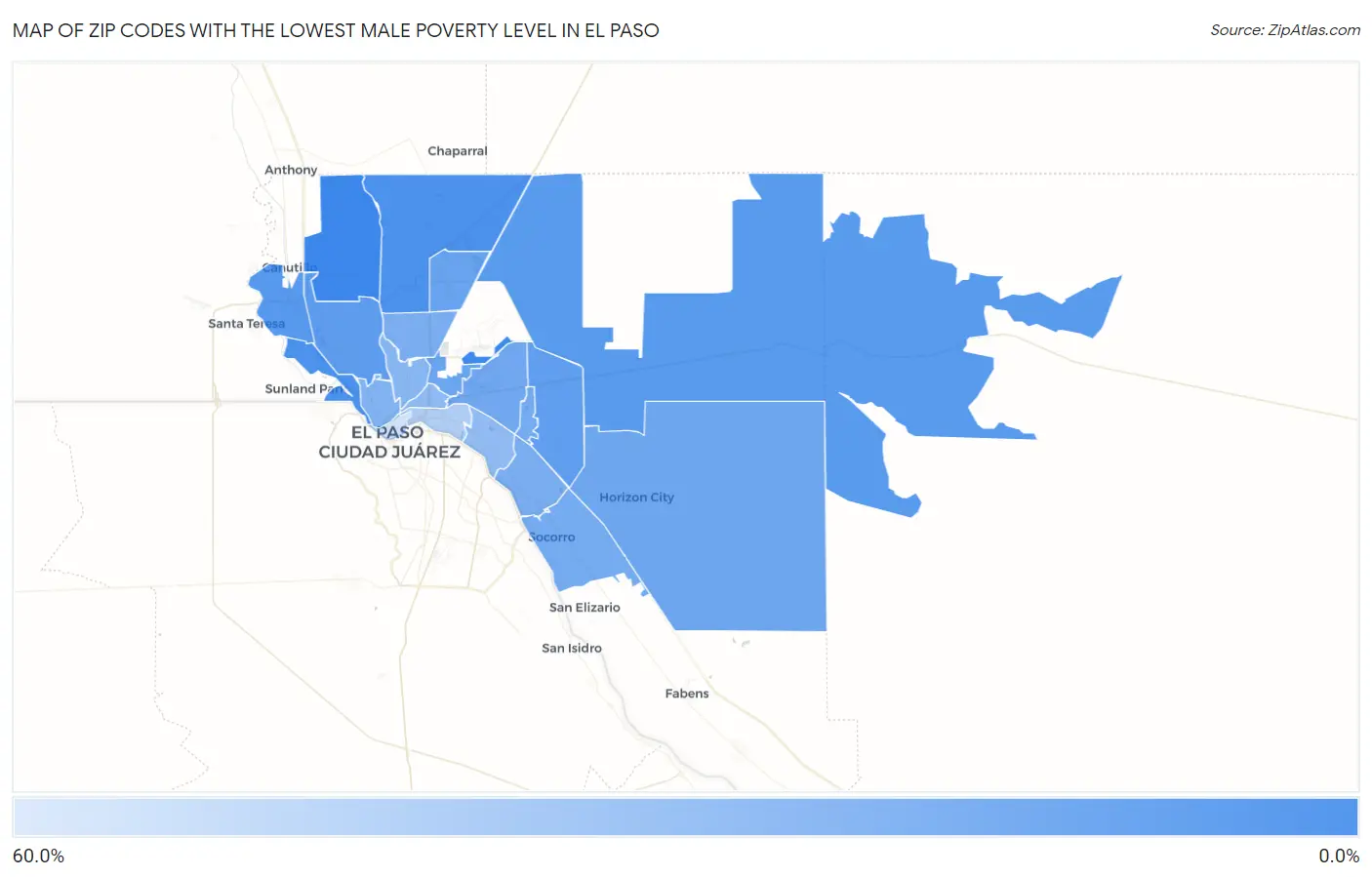 Zip Codes with the Lowest Male Poverty Level in El Paso Map