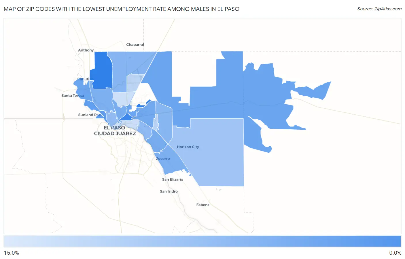 Zip Codes with the Lowest Unemployment Rate Among Males in El Paso Map