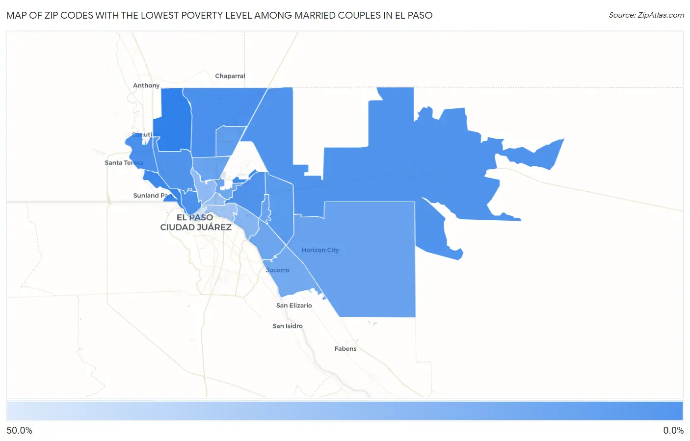 Zip Codes with the Lowest Poverty Level Among Married Couples in El Paso Map
