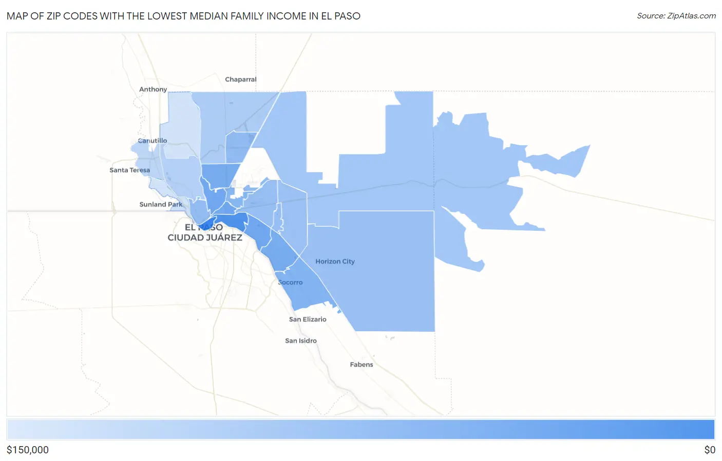Zip Codes with the Lowest Median Family Income in El Paso Map