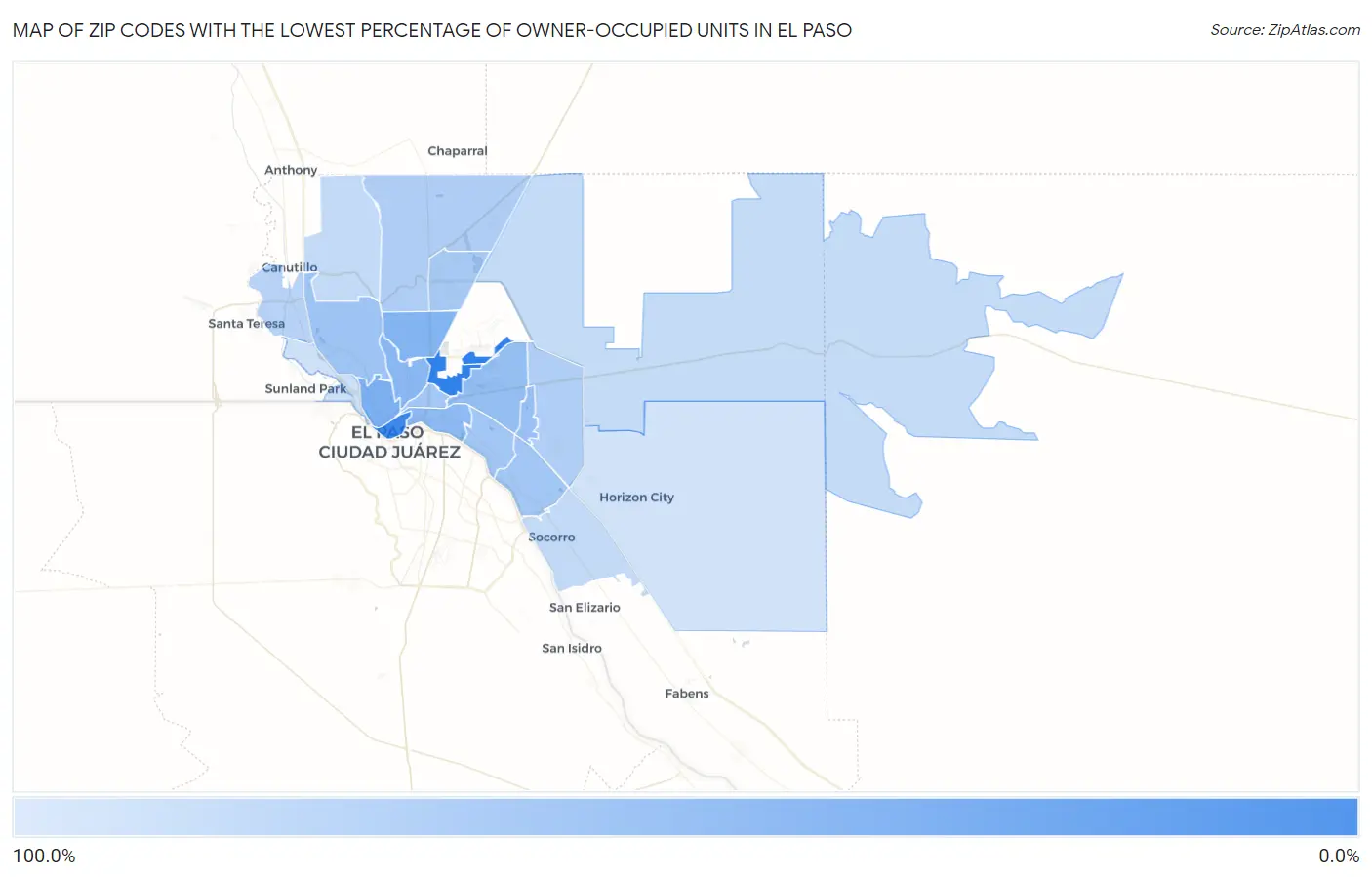 Zip Codes with the Lowest Percentage of Owner-Occupied Units in El Paso Map