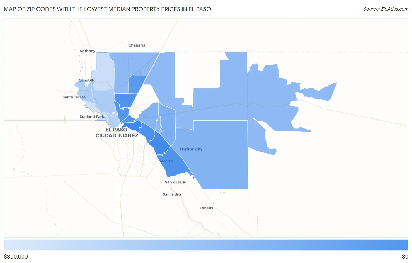 Zip Codes with the Lowest Median Property Prices in El Paso Map