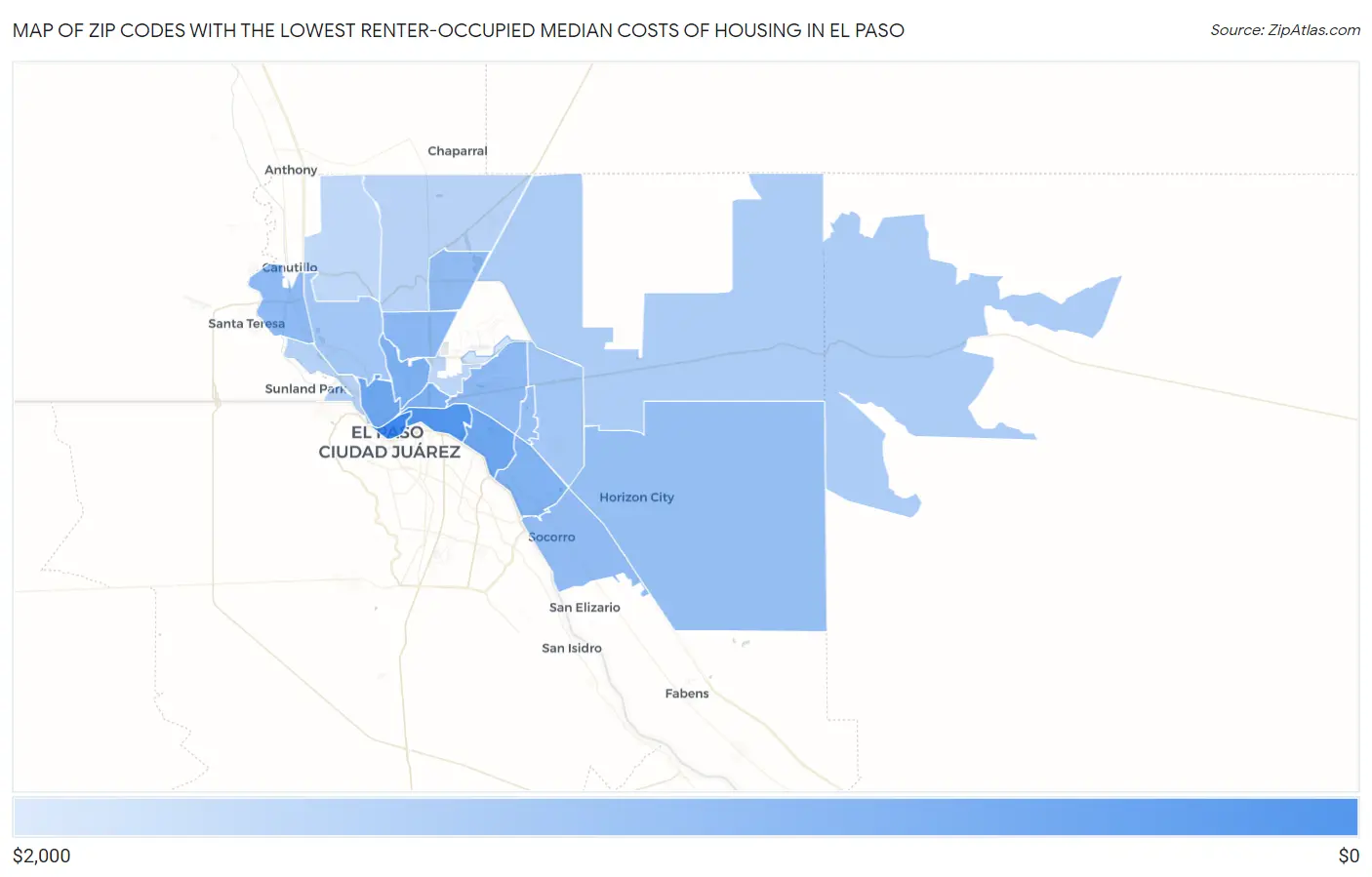 Zip Codes with the Lowest Renter-Occupied Median Costs of Housing in El Paso Map