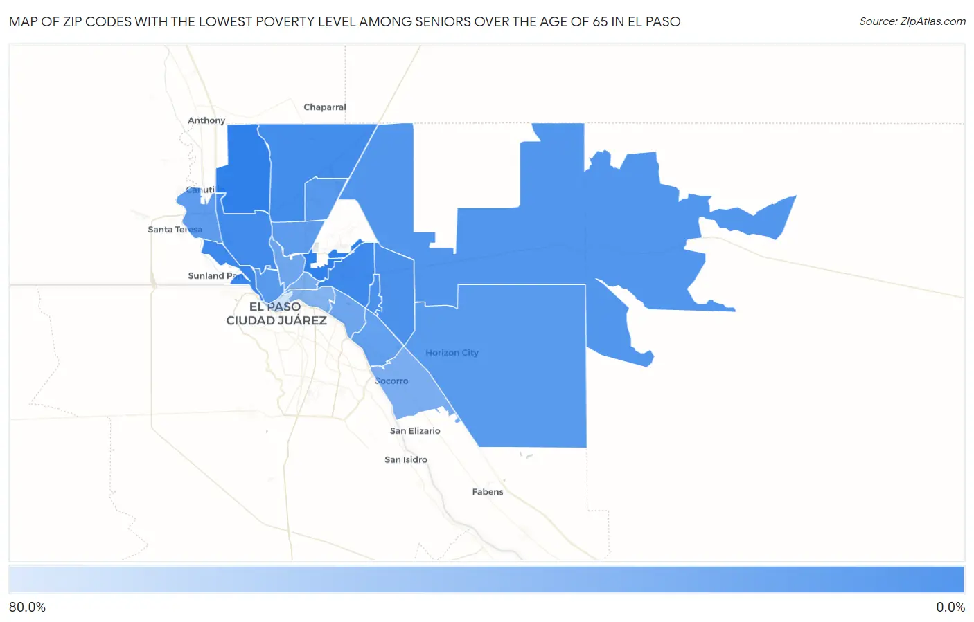 Zip Codes with the Lowest Poverty Level Among Seniors Over the Age of 65 in El Paso Map