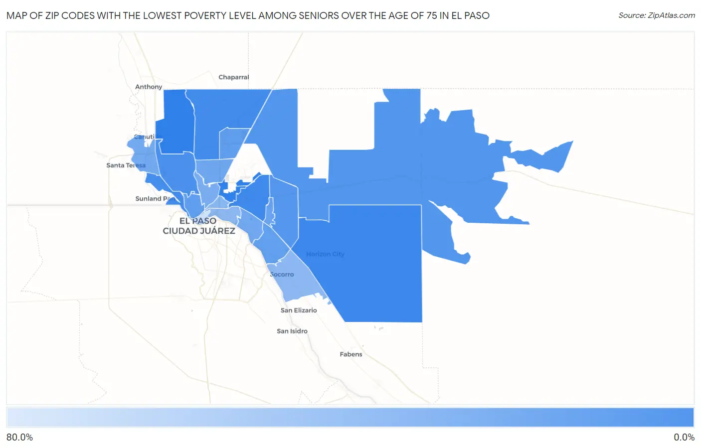 Zip Codes with the Lowest Poverty Level Among Seniors Over the Age of 75 in El Paso Map