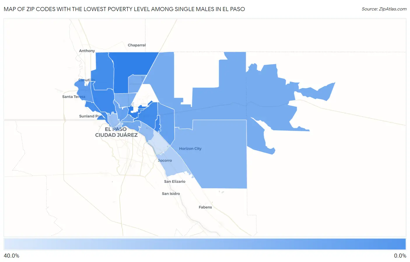 Zip Codes with the Lowest Poverty Level Among Single Males in El Paso Map