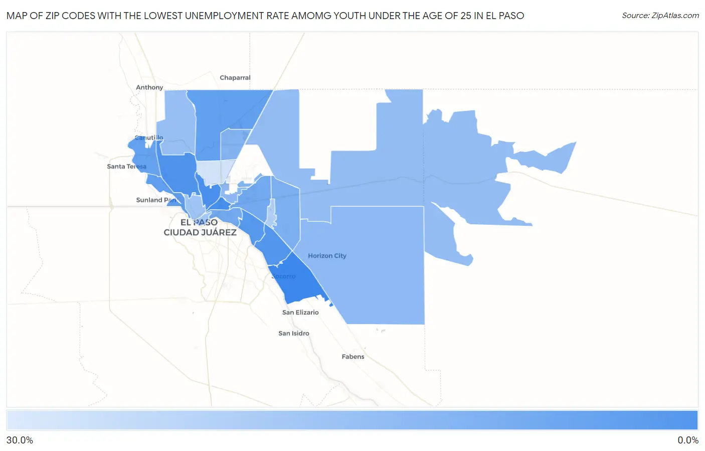 Zip Codes with the Lowest Unemployment Rate Amomg Youth Under the Age of 25 in El Paso Map