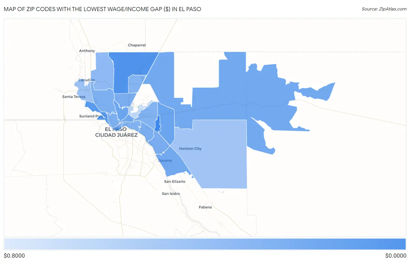 Zip Codes with the Lowest Wage/Income Gap ($) in El Paso Map