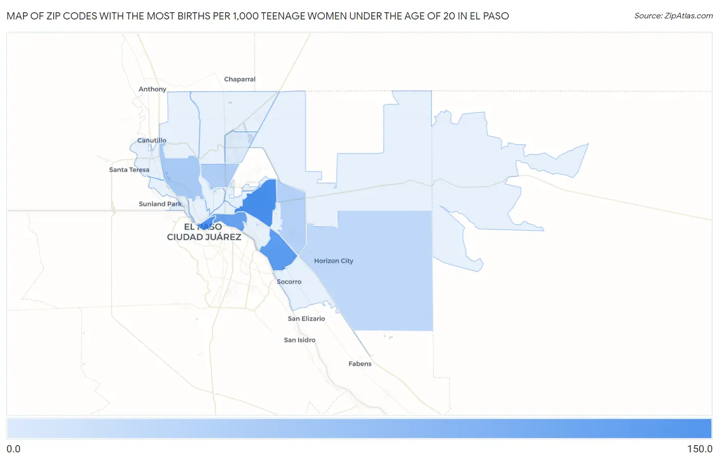 Zip Codes with the Most Births per 1,000 Teenage Women Under the Age of 20 in El Paso Map