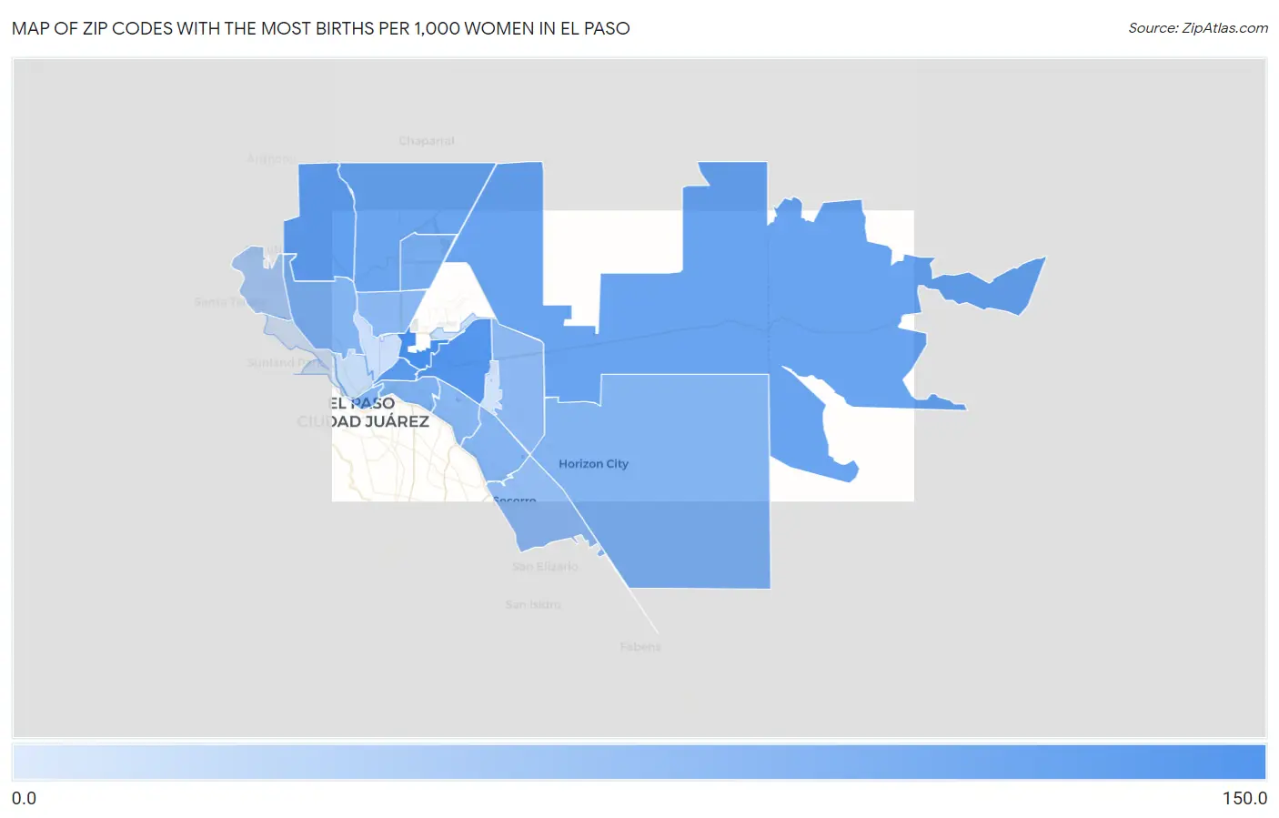 Zip Codes with the Most Births per 1,000 Women in El Paso Map