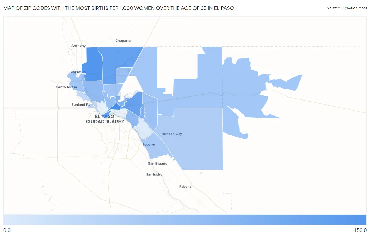 Zip Codes with the Most Births per 1,000 Women Over the Age of 35 in El Paso Map