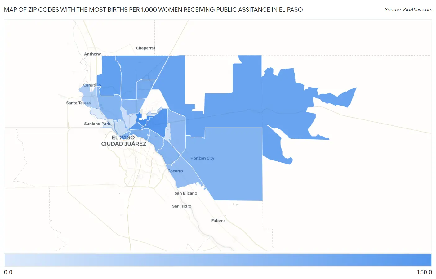 Zip Codes with the Most Births per 1,000 Women Receiving Public Assitance in El Paso Map
