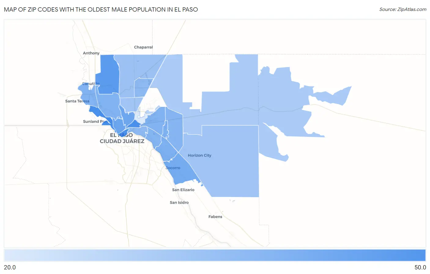Zip Codes with the Oldest Male Population in El Paso Map