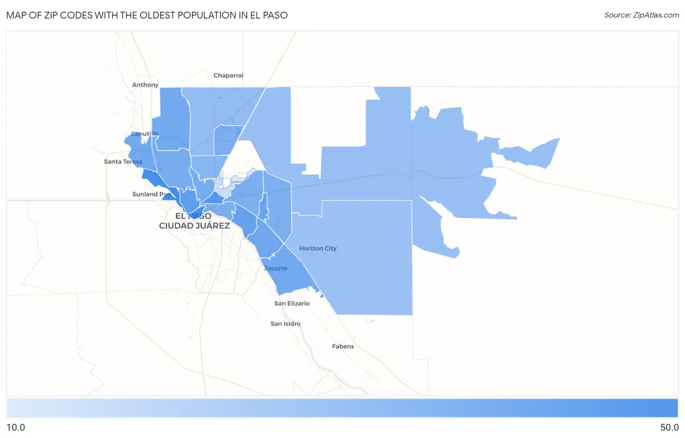 Zip Codes with the Oldest Population in El Paso Map