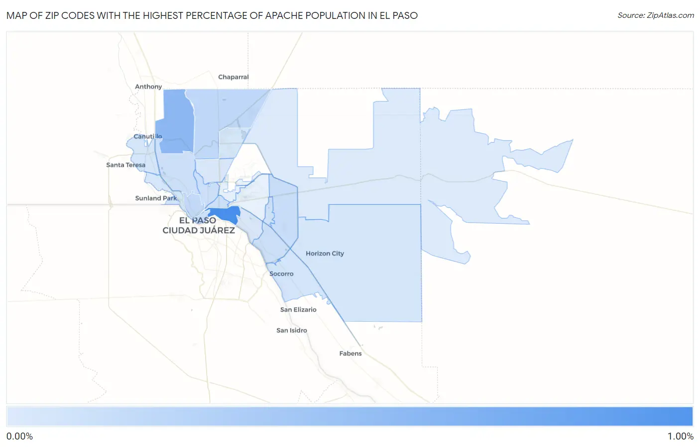 Zip Codes with the Highest Percentage of Apache Population in El Paso Map