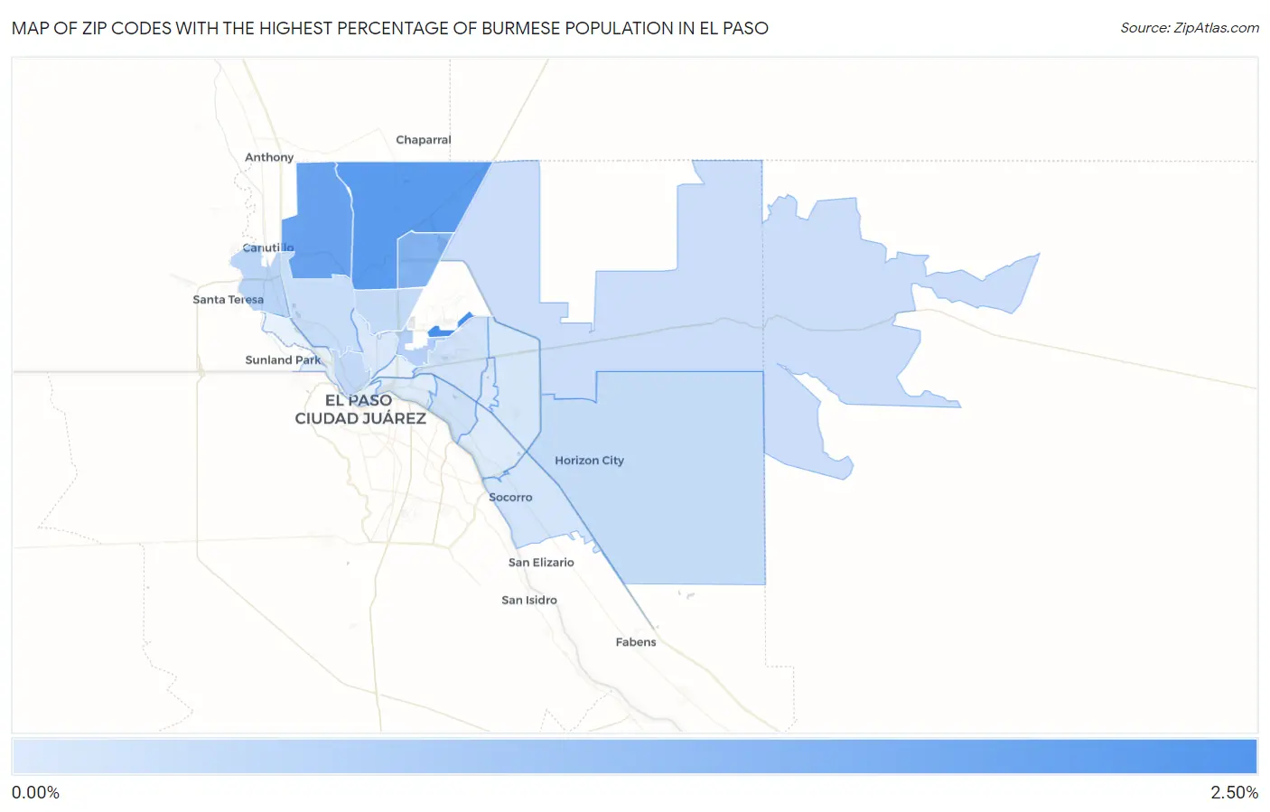 Zip Codes with the Highest Percentage of Burmese Population in El Paso Map