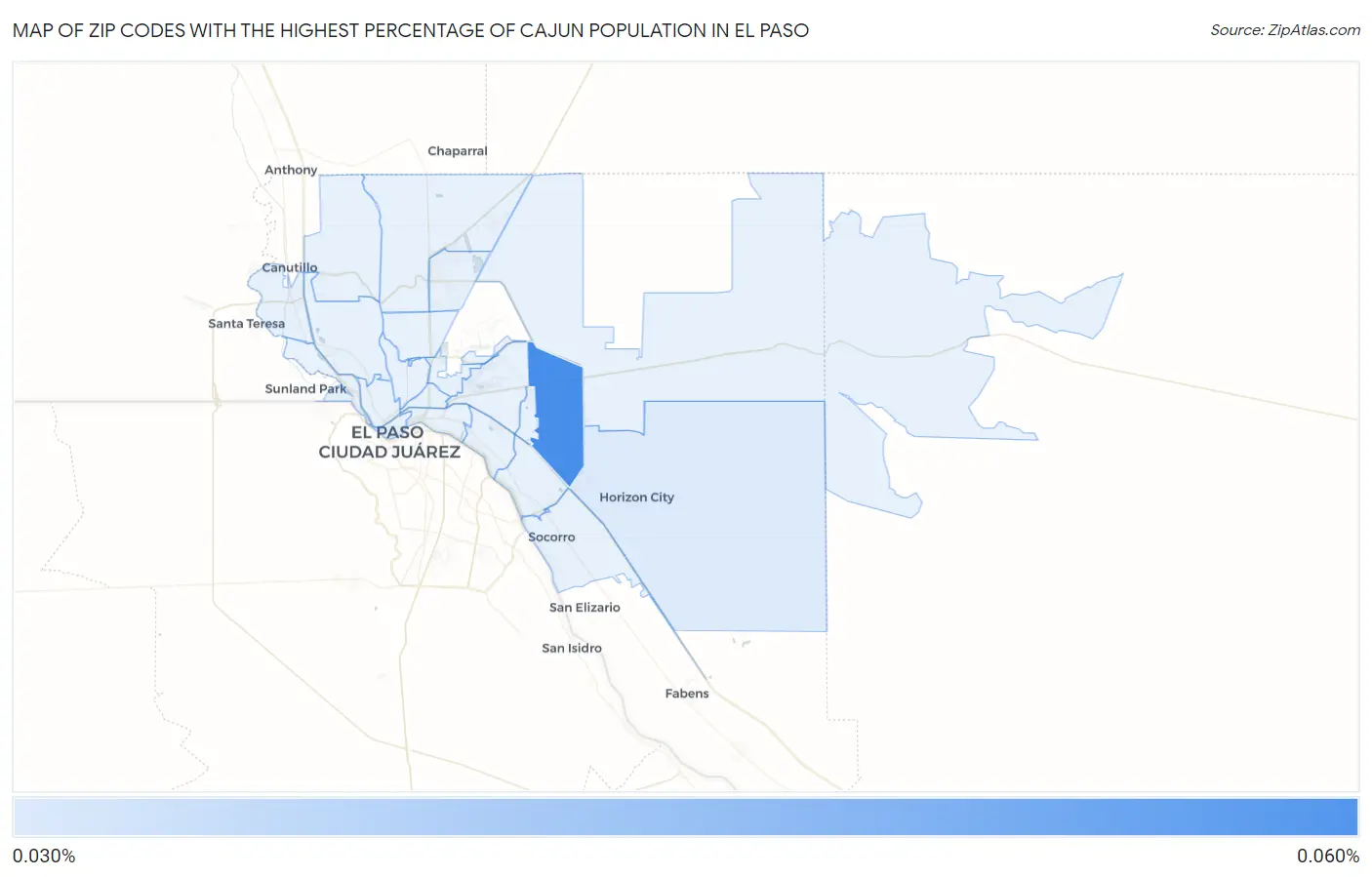 Zip Codes with the Highest Percentage of Cajun Population in El Paso Map