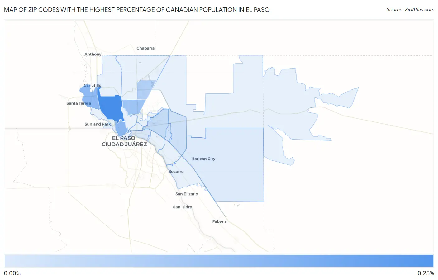 Zip Codes with the Highest Percentage of Canadian Population in El Paso Map