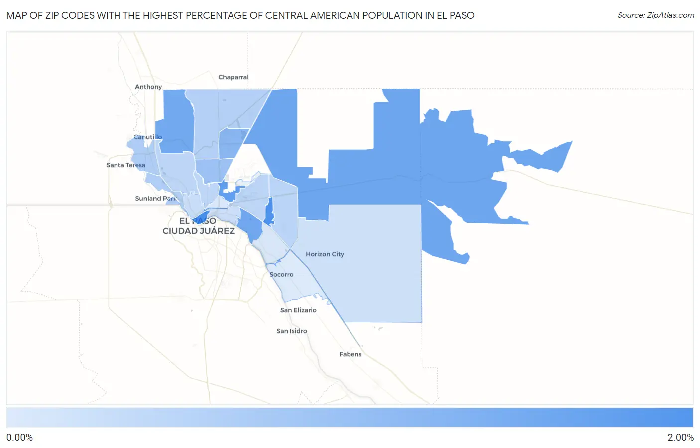 Zip Codes with the Highest Percentage of Central American Population in El Paso Map