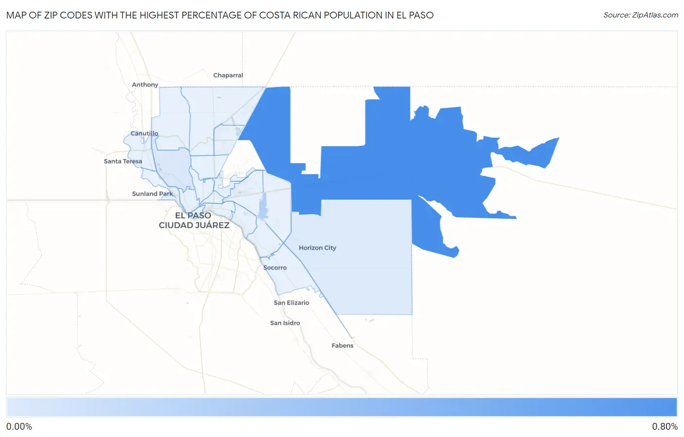 Zip Codes with the Highest Percentage of Costa Rican Population in El Paso Map