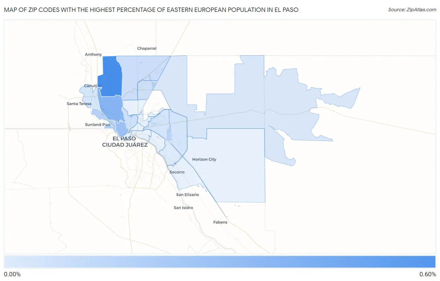 Zip Codes with the Highest Percentage of Eastern European Population in El Paso Map