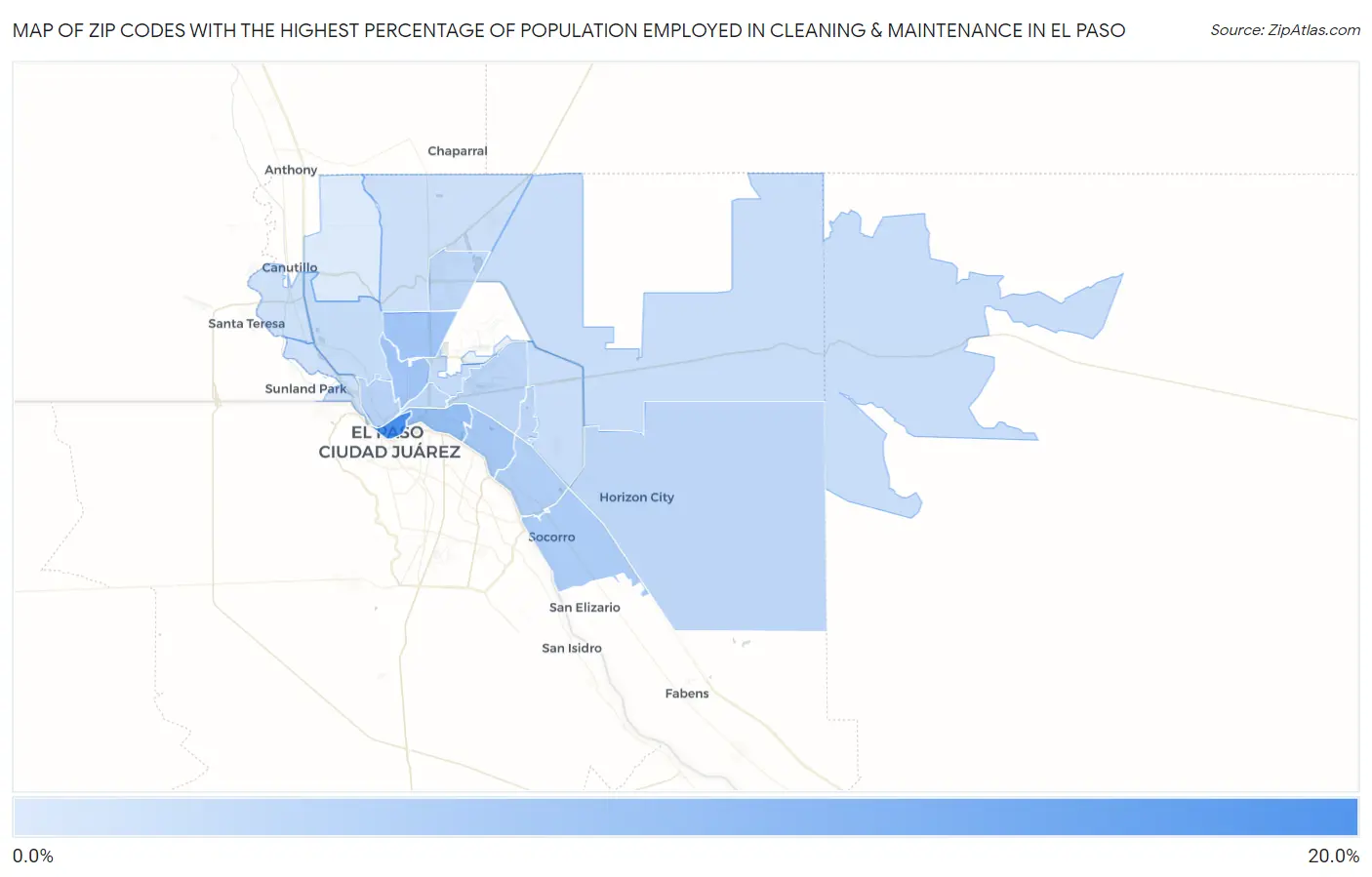 Zip Codes with the Highest Percentage of Population Employed in Cleaning & Maintenance in El Paso Map