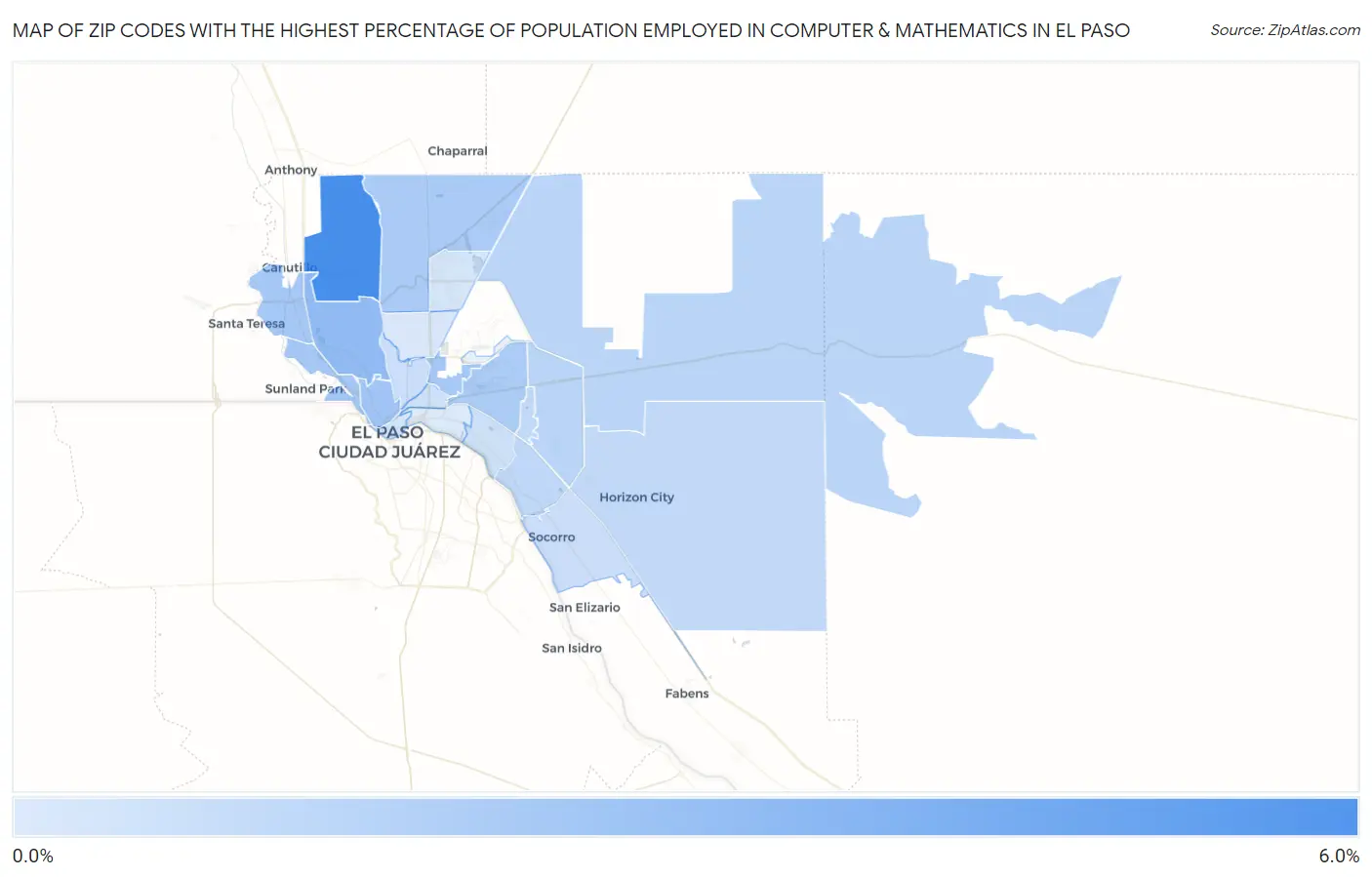 Zip Codes with the Highest Percentage of Population Employed in Computer & Mathematics in El Paso Map