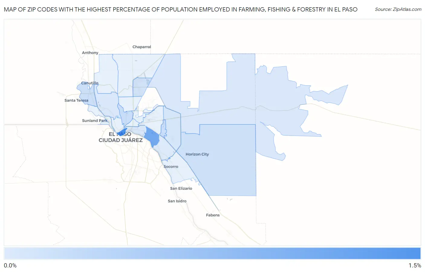 Zip Codes with the Highest Percentage of Population Employed in Farming, Fishing & Forestry in El Paso Map