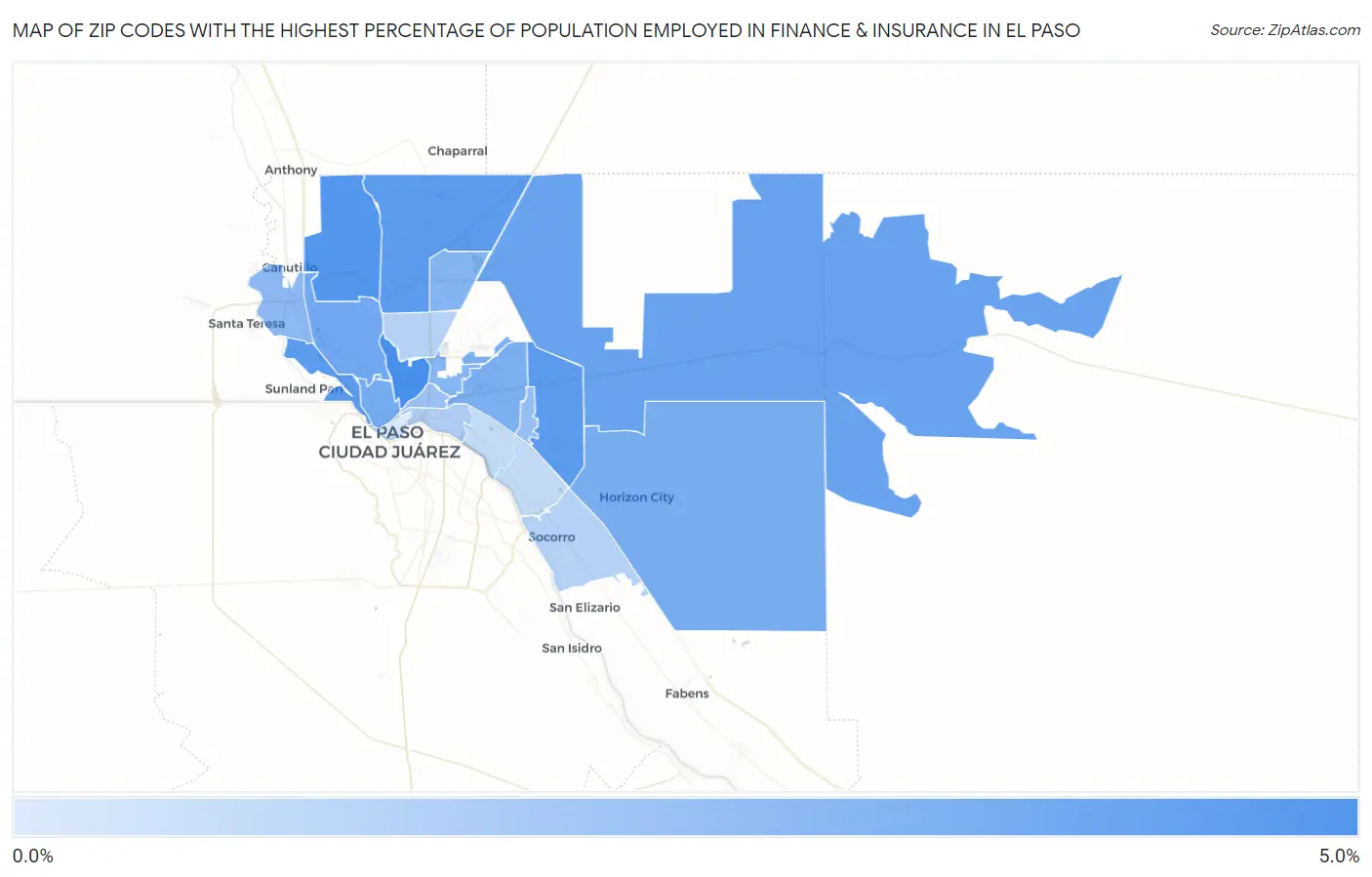 Zip Codes with the Highest Percentage of Population Employed in Finance & Insurance in El Paso Map