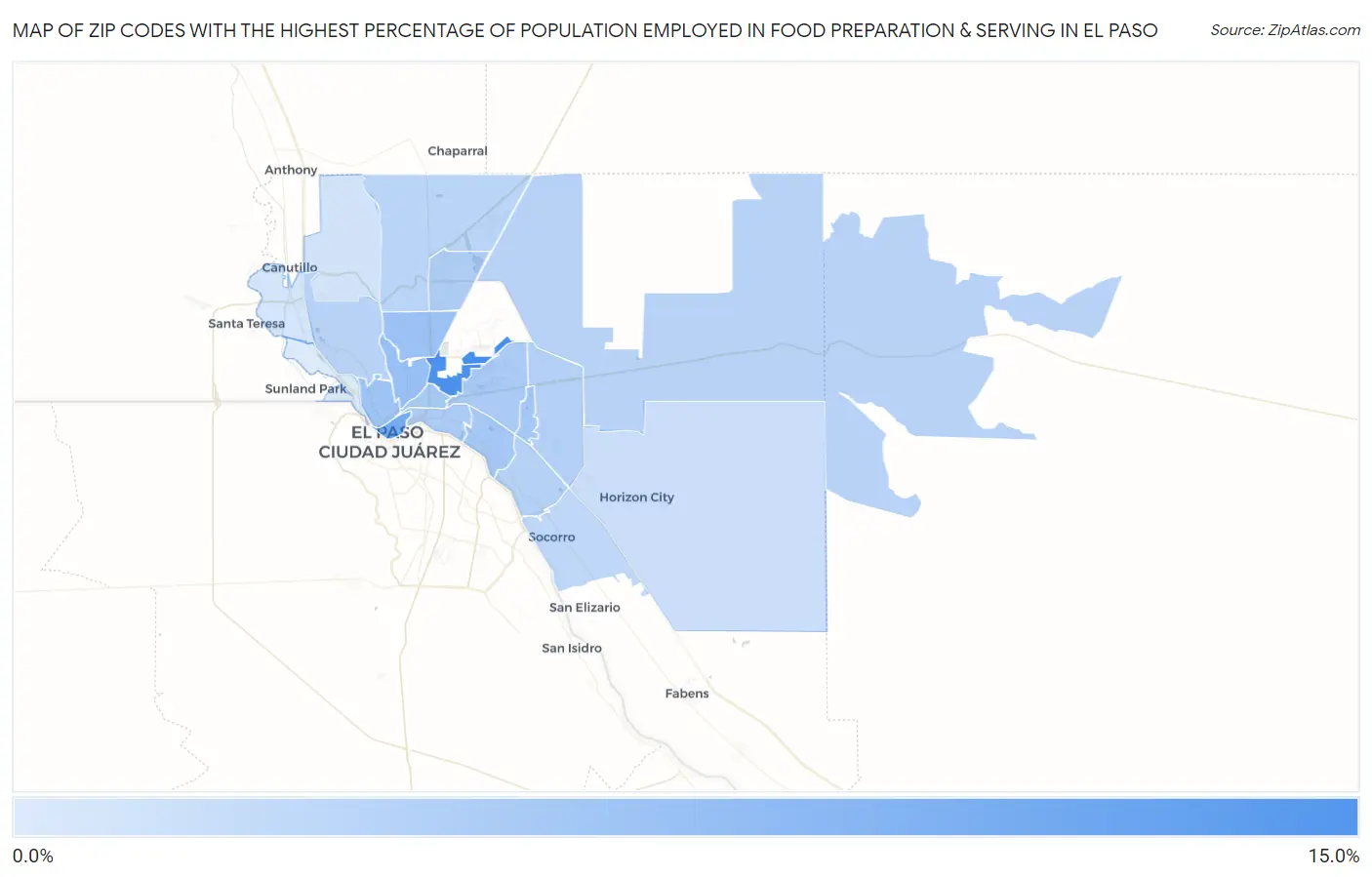 Zip Codes with the Highest Percentage of Population Employed in Food Preparation & Serving in El Paso Map